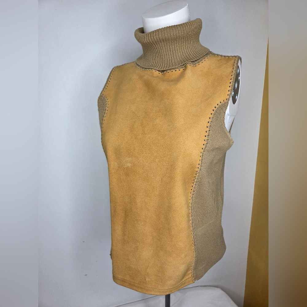 DKNY Size M Camel Color Turtleneck Sweater Vest In Suede Leather And Wool - Picture 3 of 9
